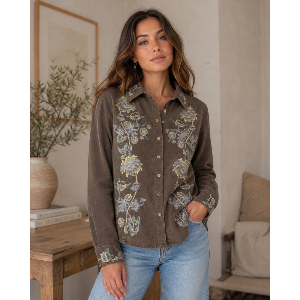 J.Jill Shirt Womens Medium Brown Floral Embroidered Corduroy Boho Cottagecore